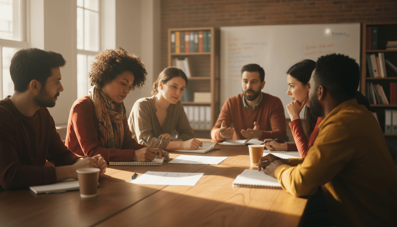 Diverse community members engaged in collaborative discussion around a table