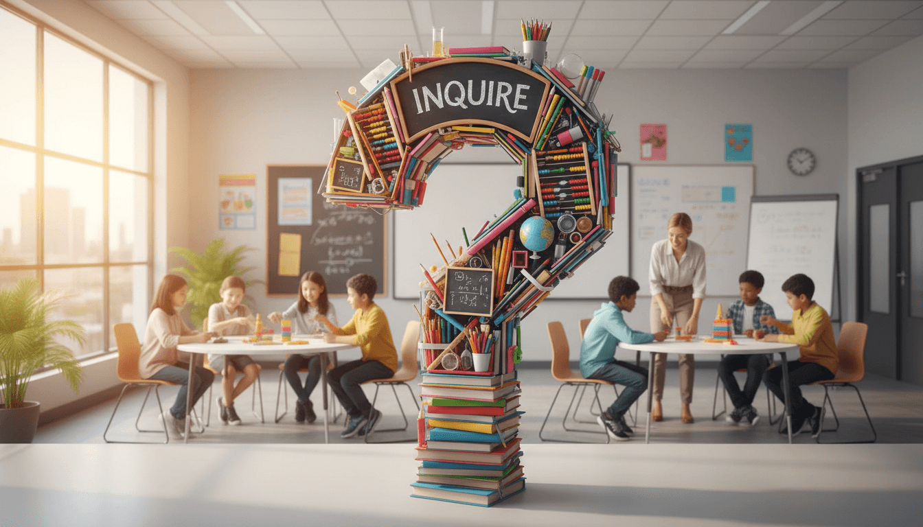 Diverse students and educator collaborating in a bright, modern classroom with natural light