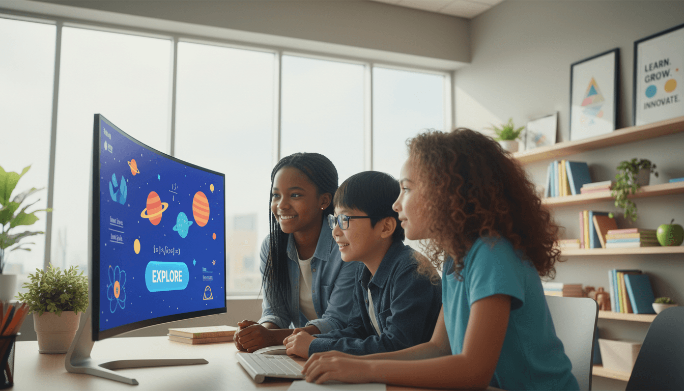 Diverse group of young students collaborating at computer, viewing educational application together in bright learning space