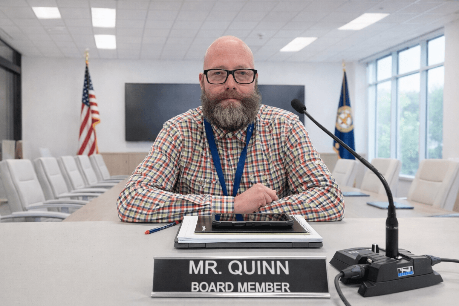 Bearded board member Mr. Quinn sits at a conference table behind his nameplate and microphone.