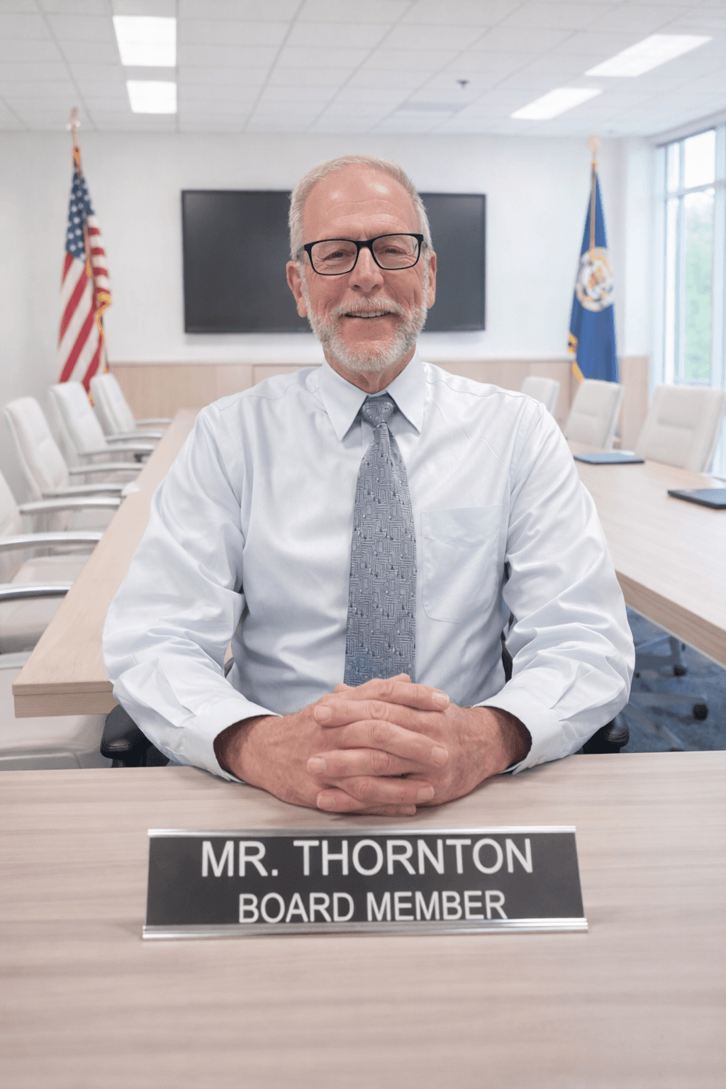 Smiling board member Mr. Thornton sits at a conference table with his hands clasped.